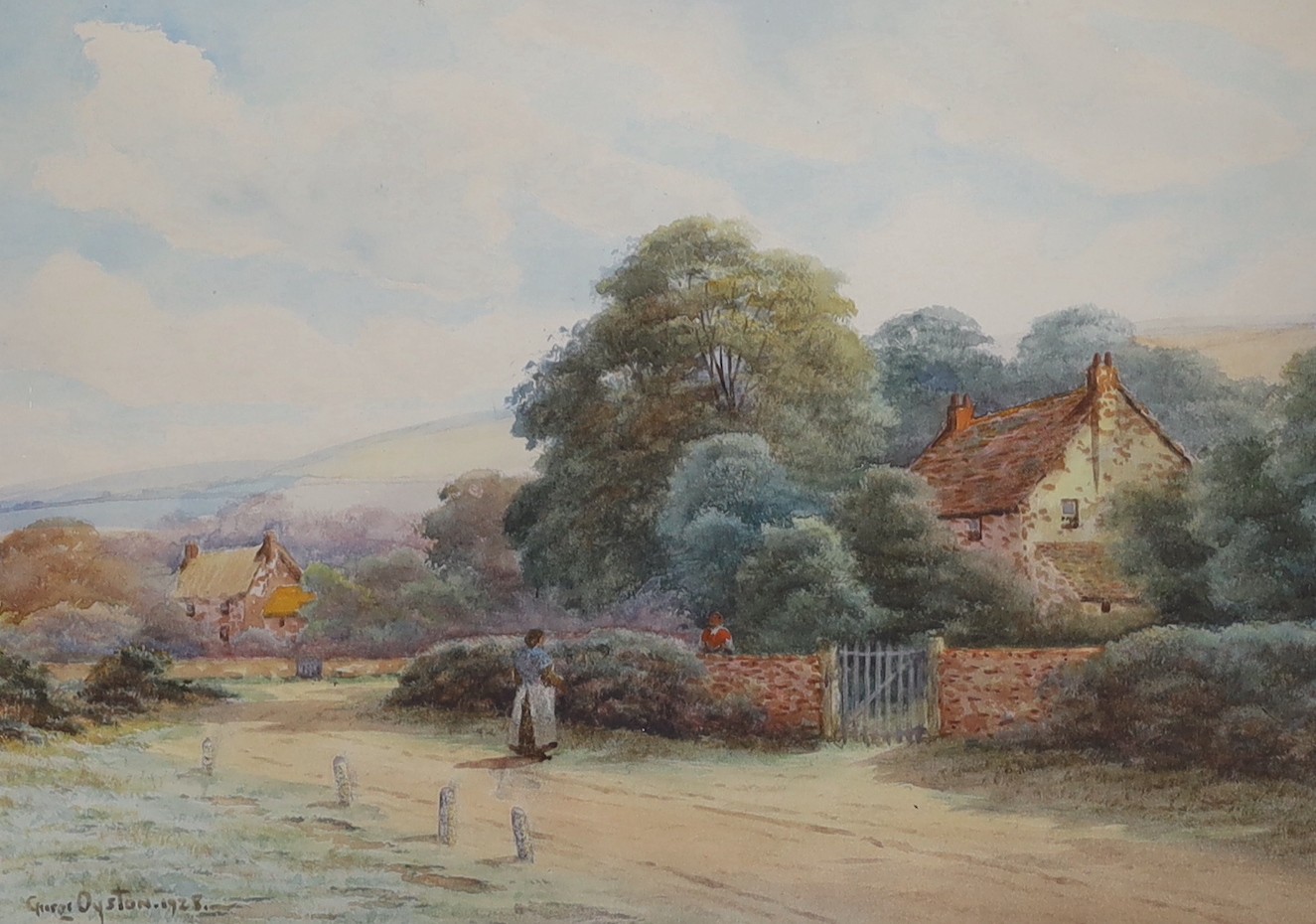 George Oyston (1861-1937), watercolour, Figures on a country lane, signed and dated 1928, 26 x 36cm
